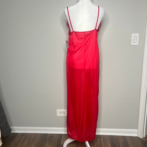 Vintage Red Lingerie Long Nightgown Feather Trim Size Small Side Slit Sexy USA - Picture 8 of 11
